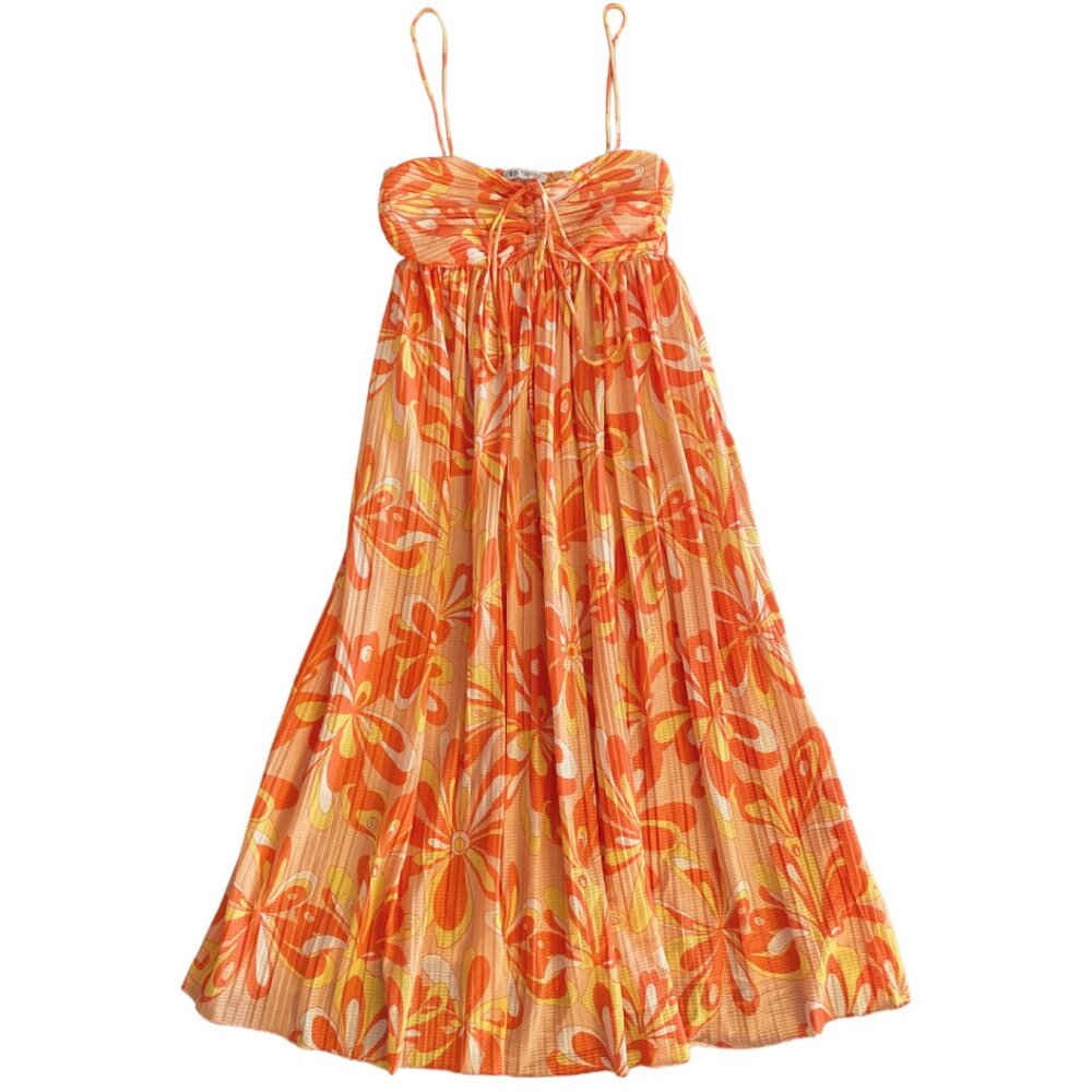Zara Orange Retro Floral Midi Sun Dress